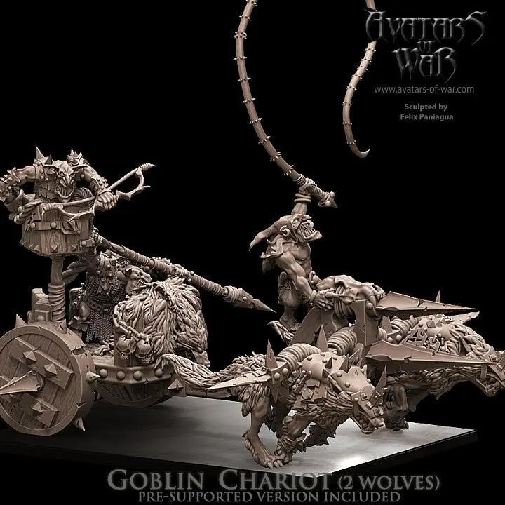 3D printed goblin chariot model by Last Hope Miniatures for Avatars of War, featuring detailed goblin figures and chariot design.