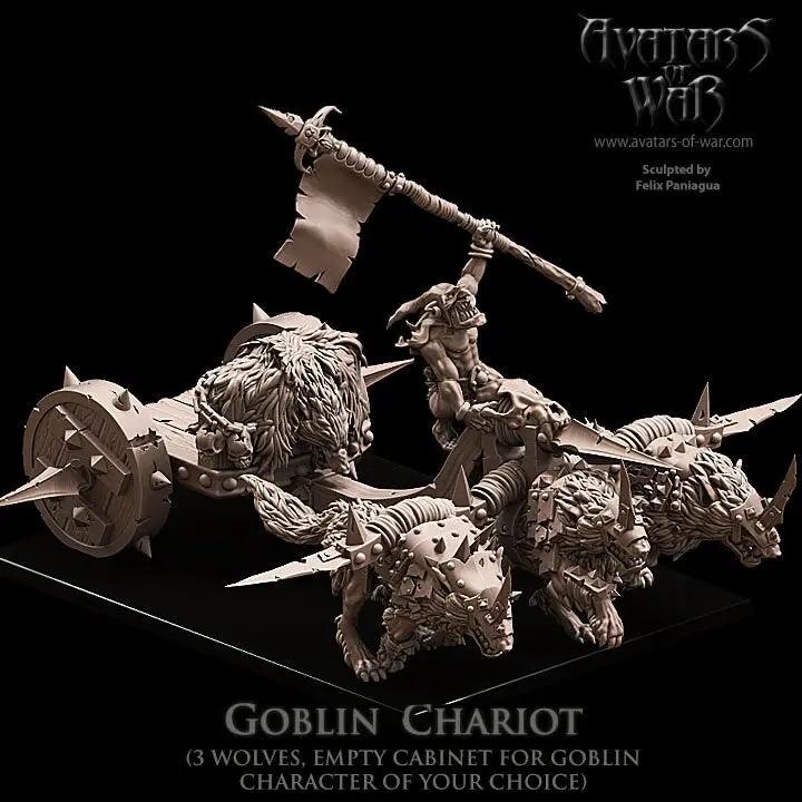 3D printed goblin chariot model by Last Hope Miniatures, featuring detailed goblin figures and chariot design from Avatars of War.
