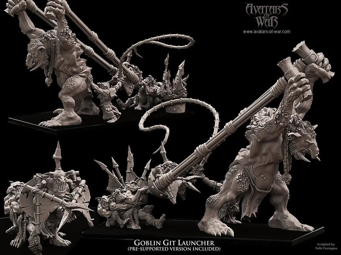 3D printed Goblin Git Launcher model by Last Hope Miniatures, featuring detailed goblin figure and launcher weapon for tabletop gaming.
