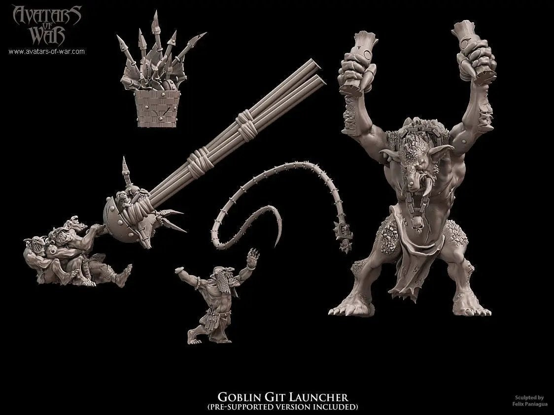 3D printed goblin Git launcher miniature by Last Hope Miniatures for Avatars of War, detailed model on a plain background.