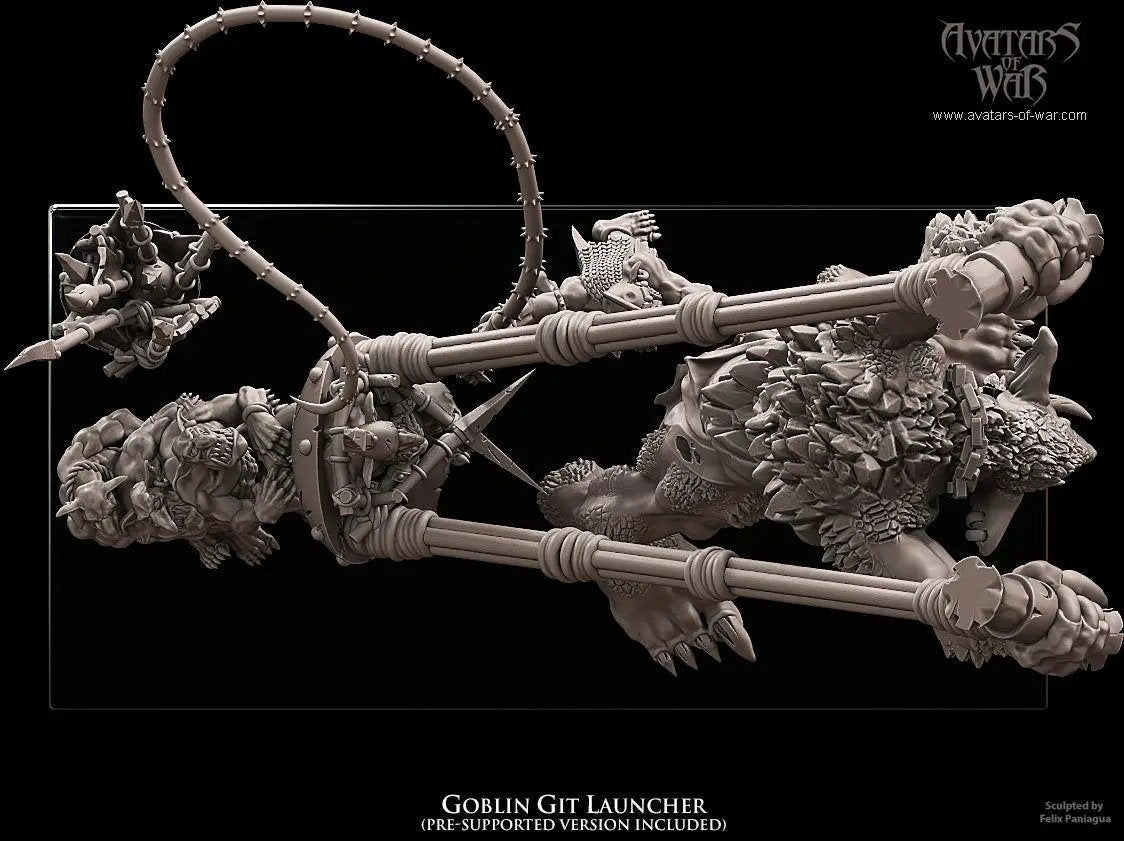 3D printed goblin Git launcher model by Last Hope Miniatures for Avatars of War, featuring detailed goblin figure with launcher accessory