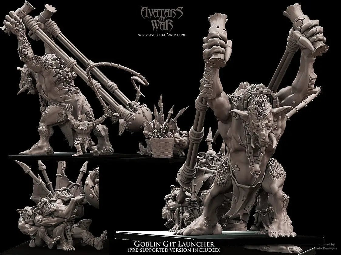 3D printed goblin Git launcher model by Last Hope Miniatures for Avatars of War, detailed miniature figure on a scenic base.