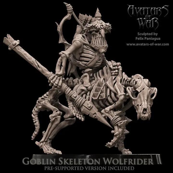 3D printed Goblin Skeletal Wolfrider miniature by Last Hope Miniatures for Avatars of War, detailed skeletal goblin riding a wolf.
