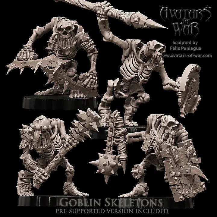 Four 3D printed Goblin Skeleton models by Last Hope Miniatures for Avatars of War, detailed undead goblin skeleton figures.