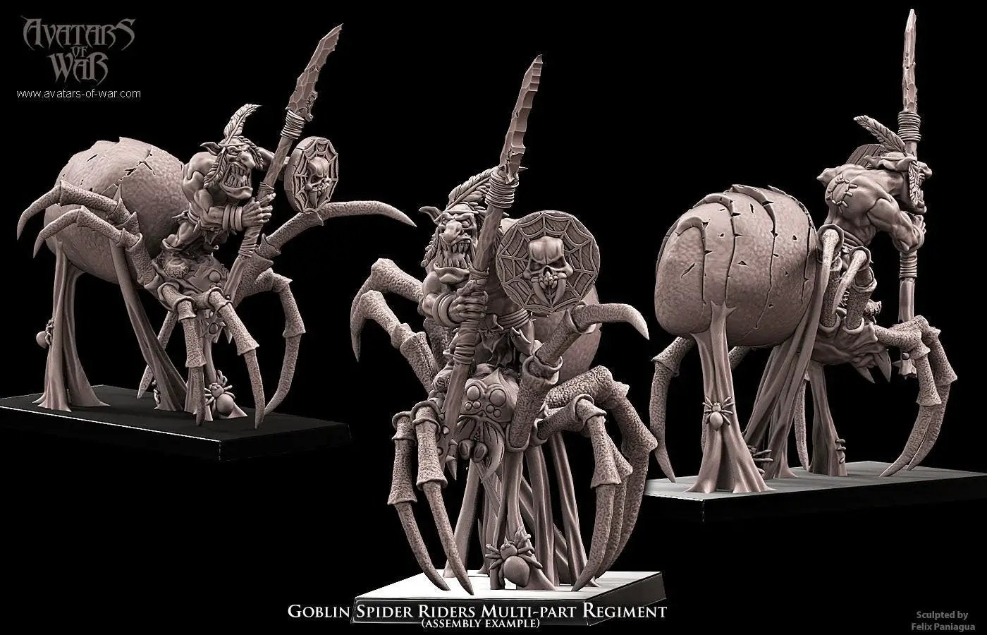 3D printed Goblin Spider Riders model by Last Hope Miniatures for Avatars of War, featuring goblins on spider mounts.