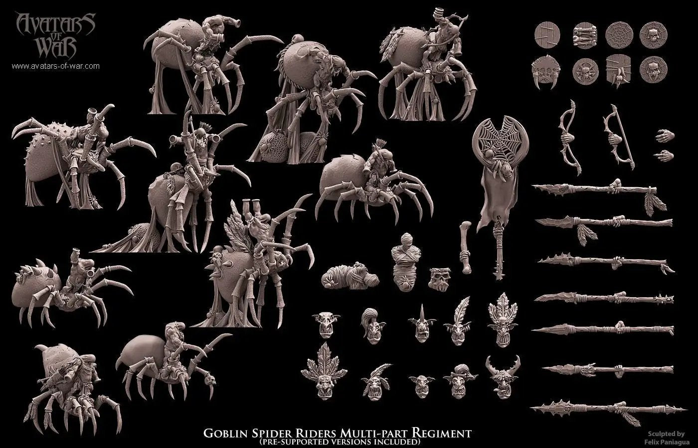 3D printed Goblin Spider Riders miniature by Last Hope Miniatures, featuring goblin figures riding spider mounts, detailed fantasy model.