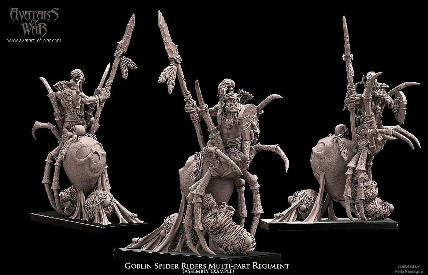 3D printed Goblin Spider Riders model by Last Hope Miniatures for Avatars of War, featuring goblins riding spider creatures.