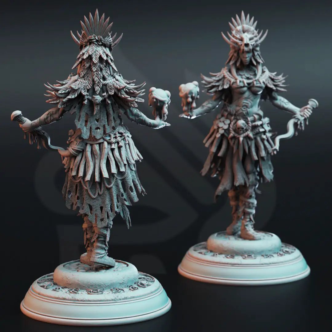3D printed Goliath Blood Shaman Priestess model by Last Hope Miniatures, showing detailed sculpt with tribal attire and mystical accessories.