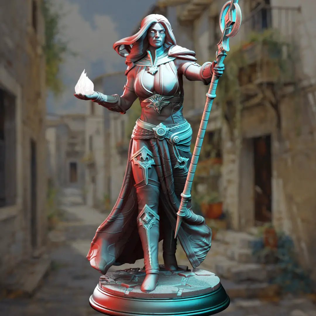 3D printed Goliath Blood Sorcereress model by Last Hope Miniatures, detailed fantasy figure with intricate armor and weaponry.