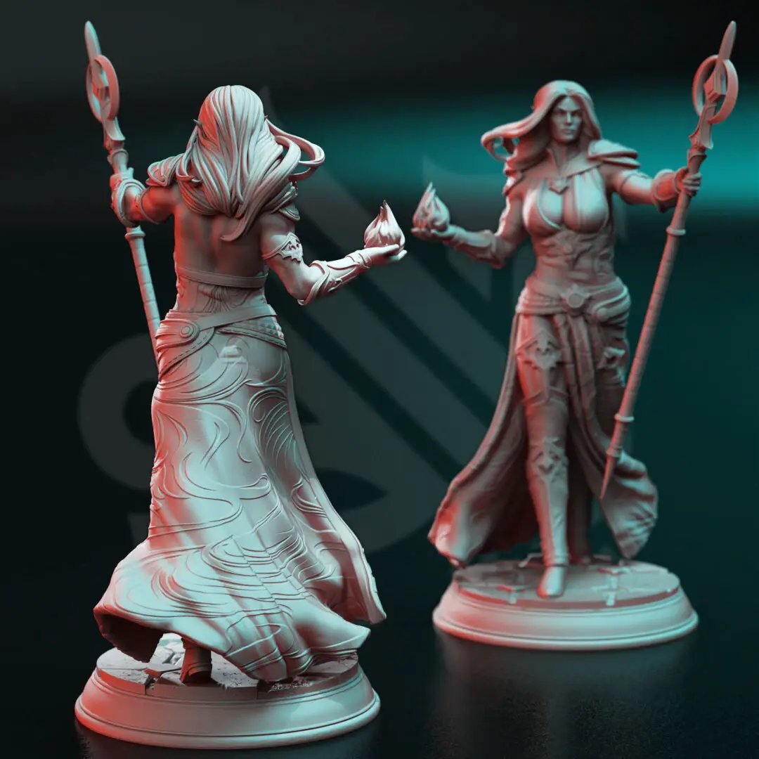 3D printed Goliath Blood Sorcereress model by Last Hope Miniatures, detailed fantasy figure with dark, mystical armor and weaponry.