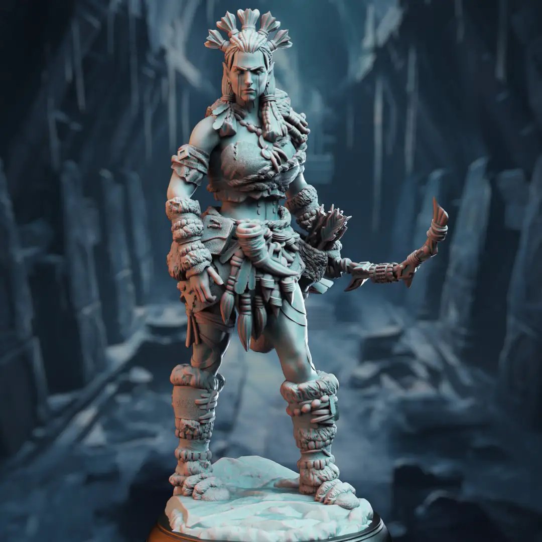 3D printed Goliath Hunter Ranger model by Last Hope Miniatures for DM Stash, detailed miniature figure on a display stand.