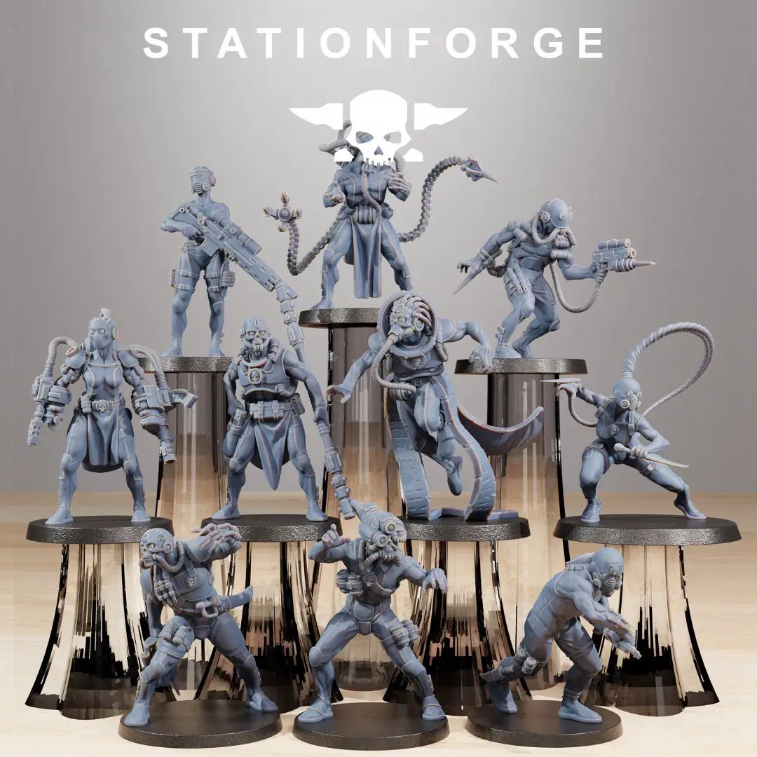 Ten 3D printed GrimCorp Bounty Hunters model miniatures by StationForge Miniatures, detailed sci-fi figures for tabletop gaming.