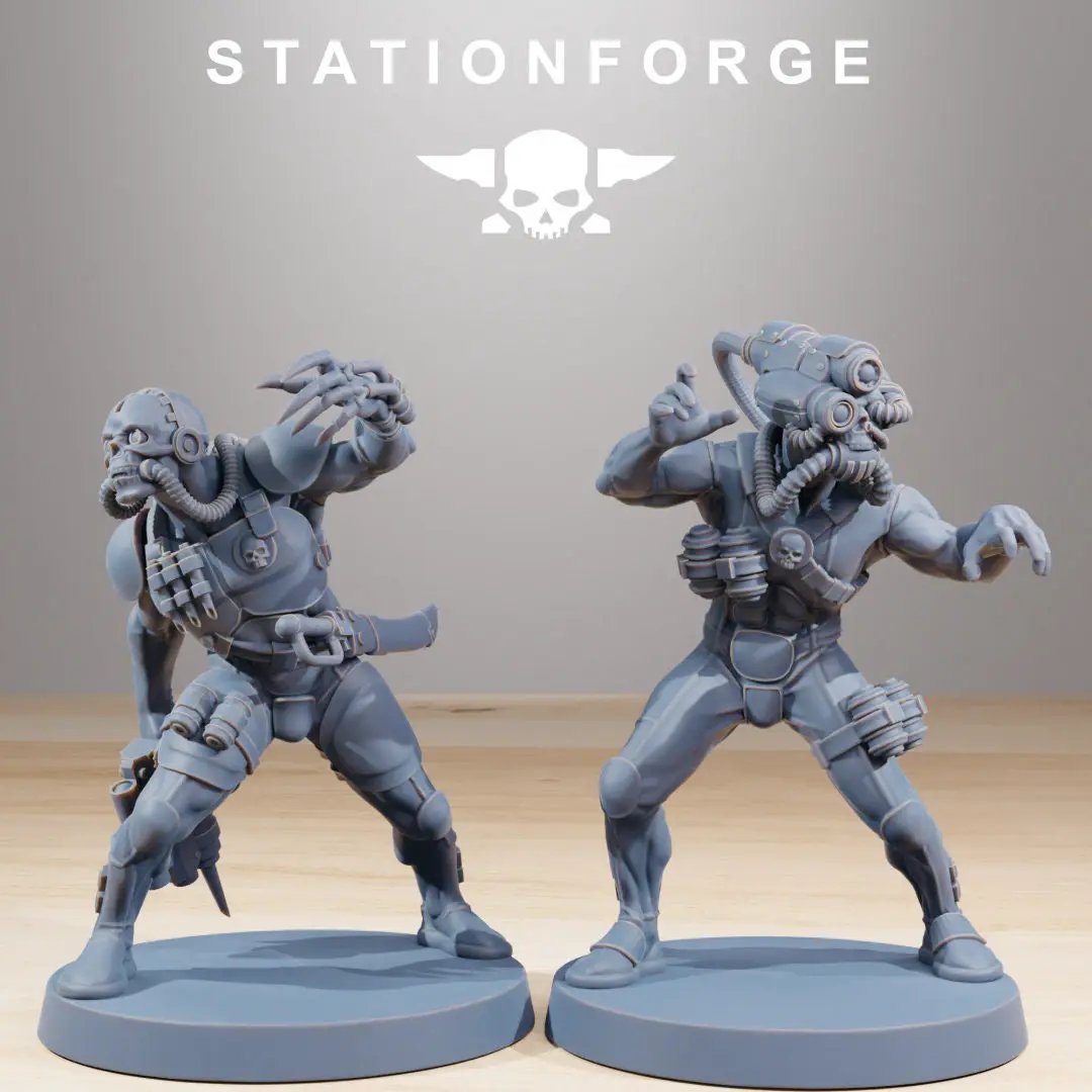 10 3D printed GrimCorp Bounty Hunters miniatures by StationForge, detailed sci-fi models from Last Hope Miniatures.