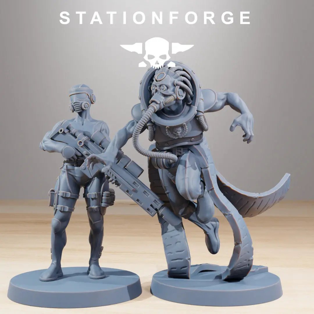 Set of 10 3D printed GrimCorp Bounty Hunter models by StationForge Miniatures, detailed sci-fi miniatures for tabletop gaming.