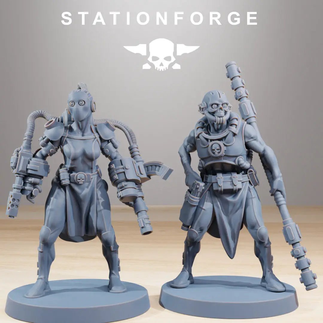 3D printed GrimCorp Bounty Hunters miniatures by StationForge Miniatures, set of 10 models for tabletop gaming.