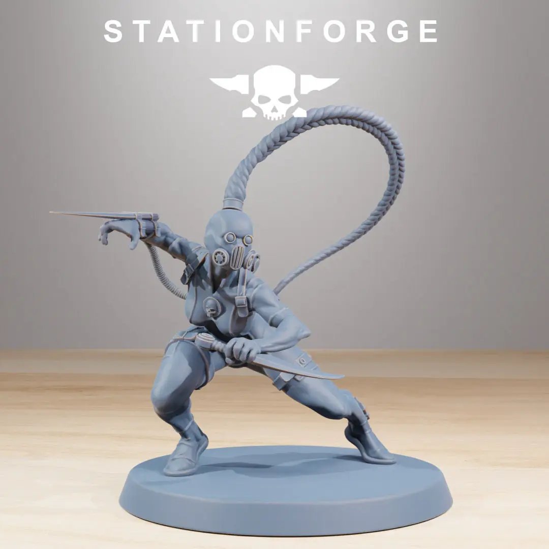 Group of 10 3D printed GrimCorp Bounty Hunters models by StationForge Miniatures, detailed sci-fi miniatures for tabletop gaming.
