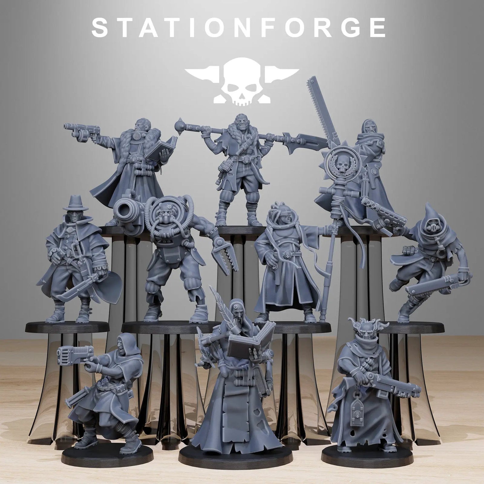 3D printed GrimCorp Mercenaries model by StationForge Miniatures, showing detailed sci-fi figures in combat poses.
