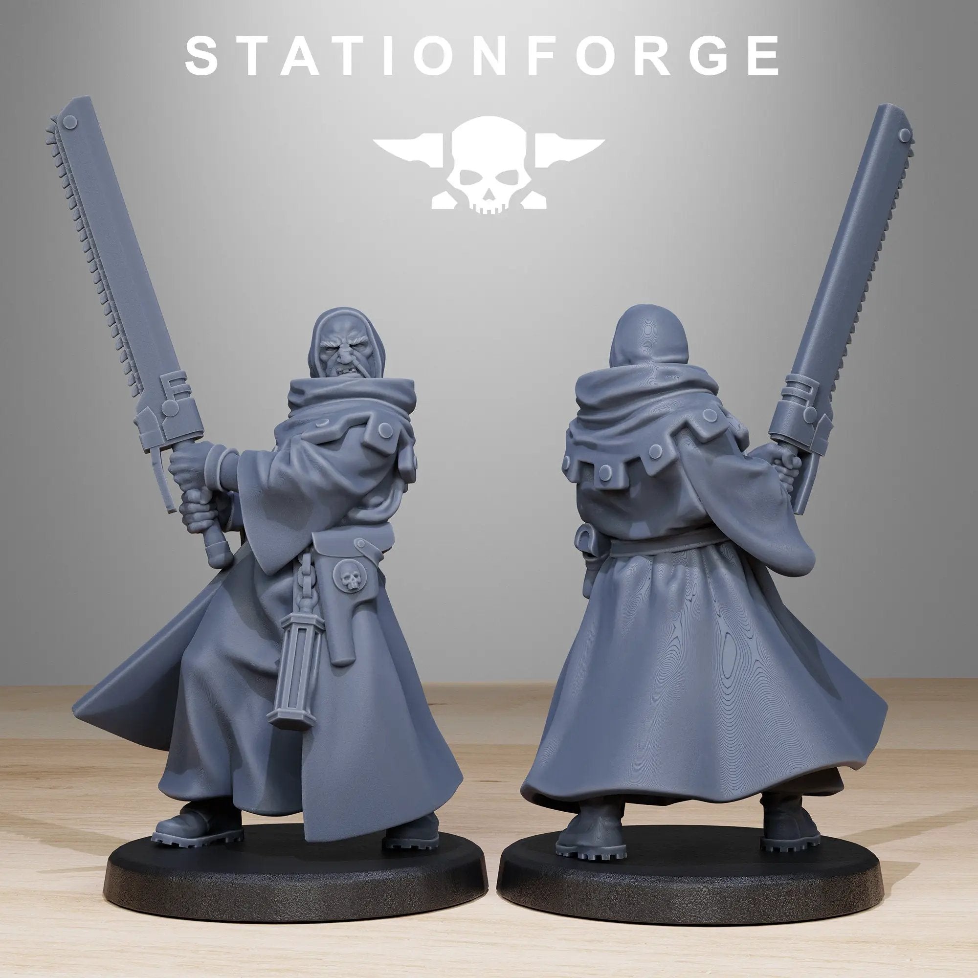 3D printed GrimCorp Mercenaries model by StationForge Miniatures, featuring detailed armored figures in a sci-fi setting.