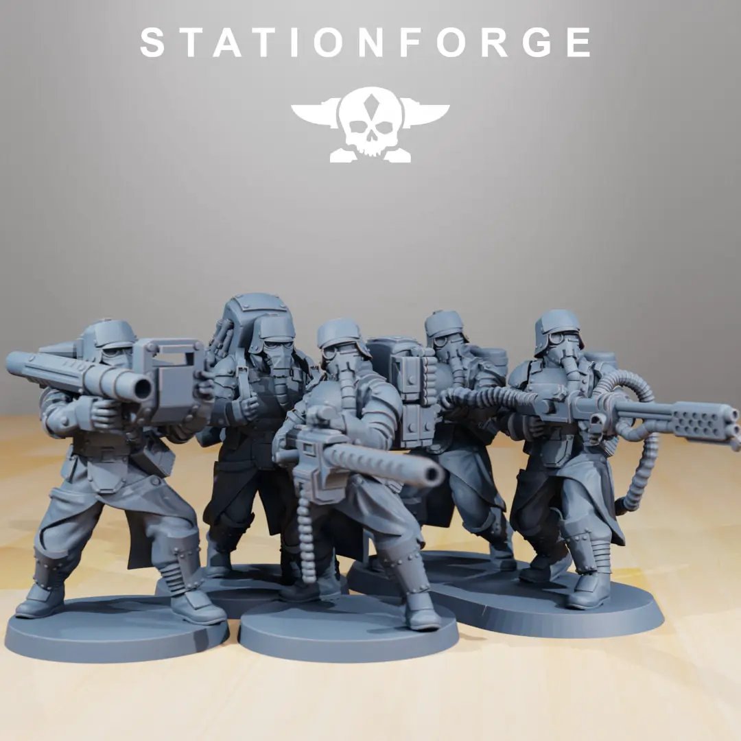 3D printed GrimGuard Anti-Armor Squad model by StationForge Miniatures, featuring detailed sci-fi soldiers in combat gear.