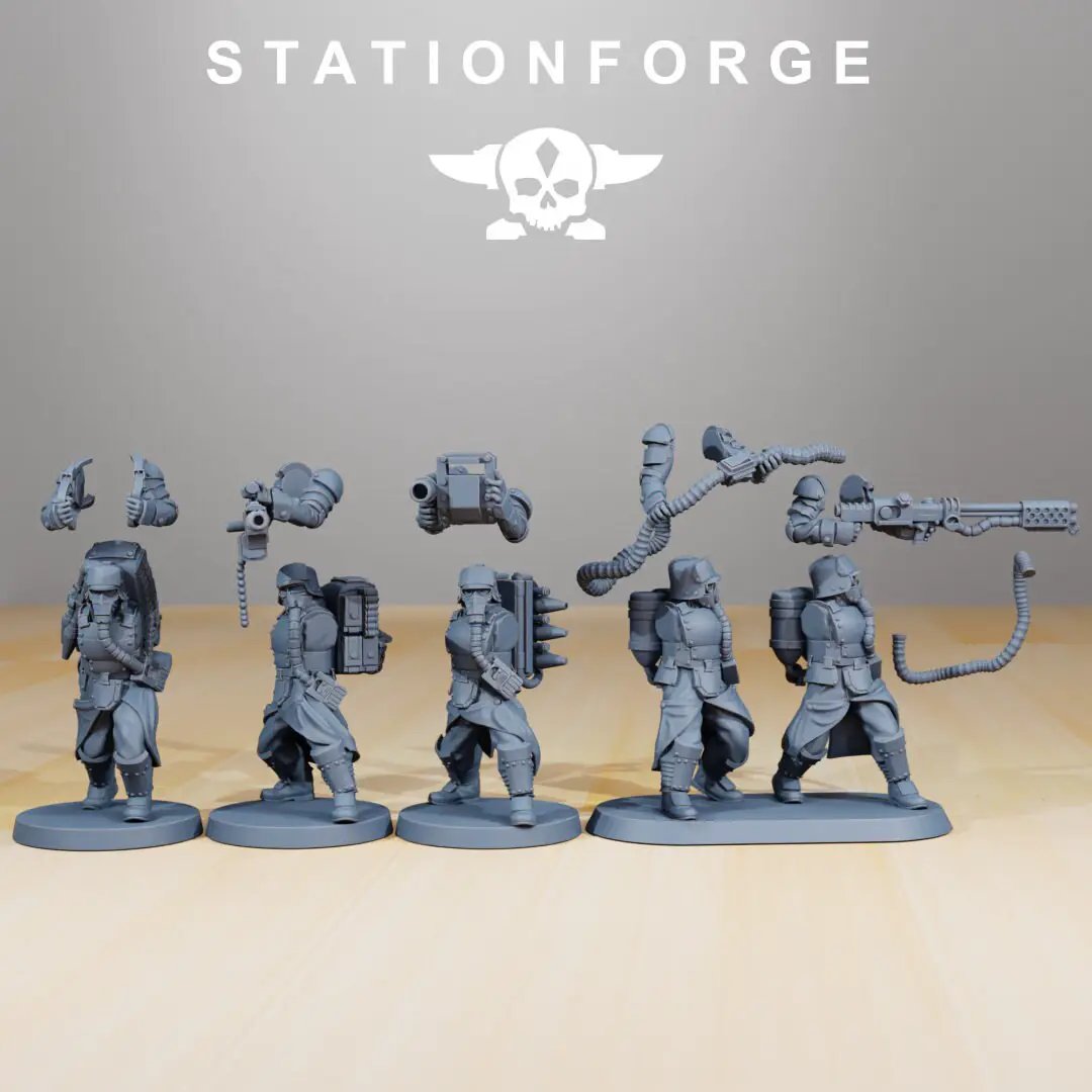 3D printed GrimGuard Anti-Armor Squad model by Last Hope Miniatures, featuring detailed sci-fi armored figures from StationForge Miniatures.