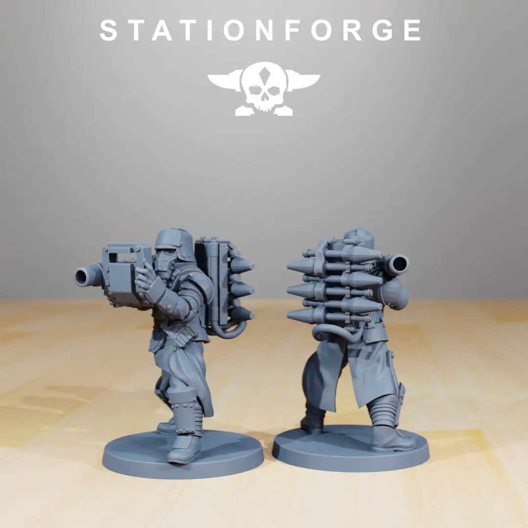 3D printed GrimGuard Anti-Armor Squad model by Last Hope Miniatures, featuring detailed sci-fi miniatures with armor and weaponry.