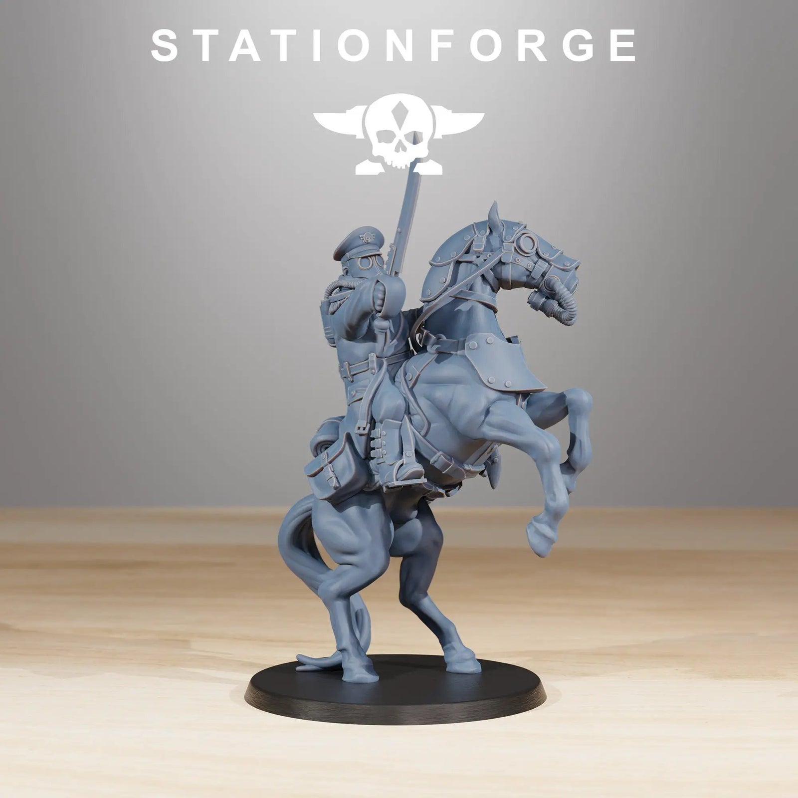 3D printed GrimGuard Cavalry Captain model by Last Hope Miniatures, featuring detailed armor and weaponry, from StationForge Miniatures.