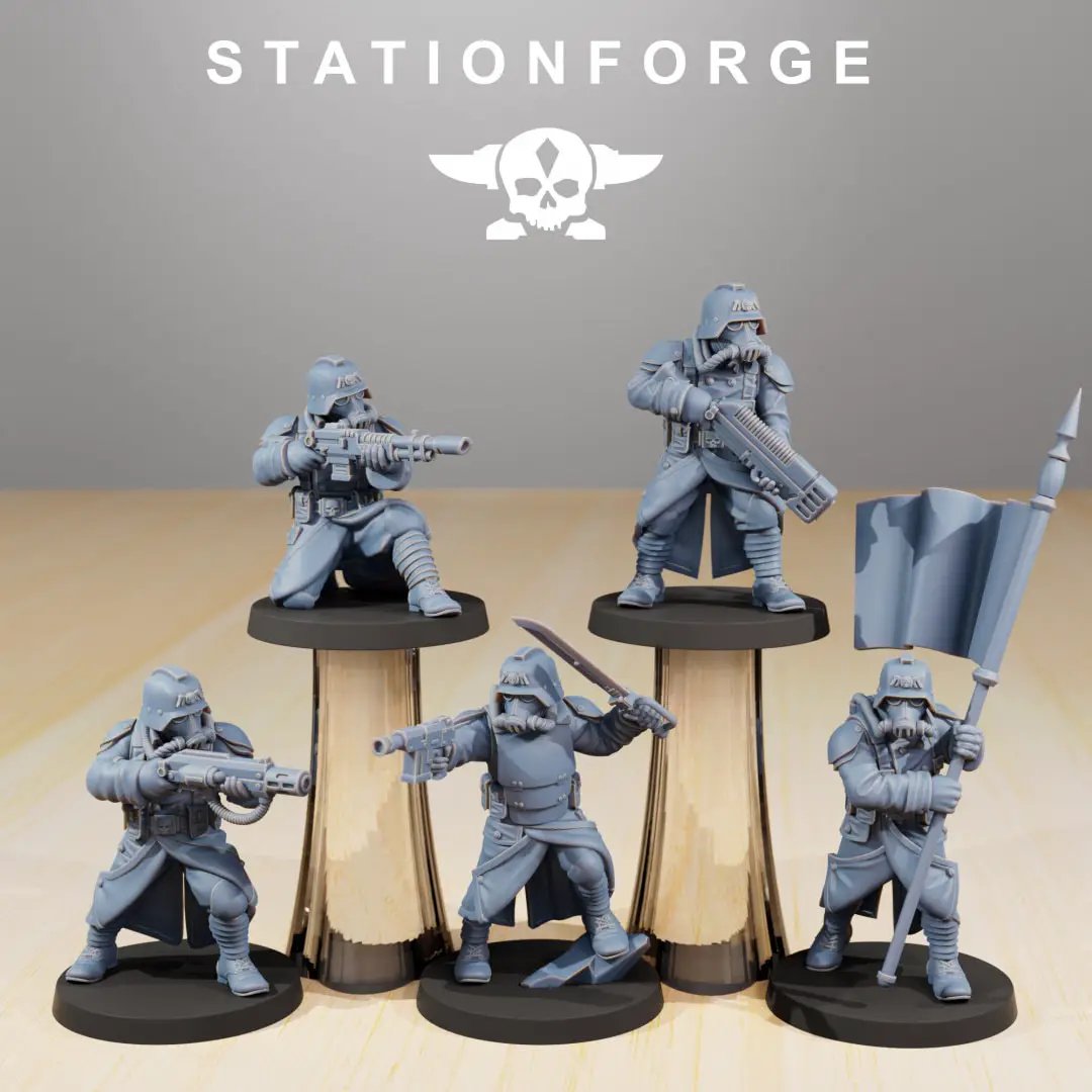 3D printed GrimGuard Command Force model by StationForge Miniatures, featuring detailed figures from Last Hope Miniatures.