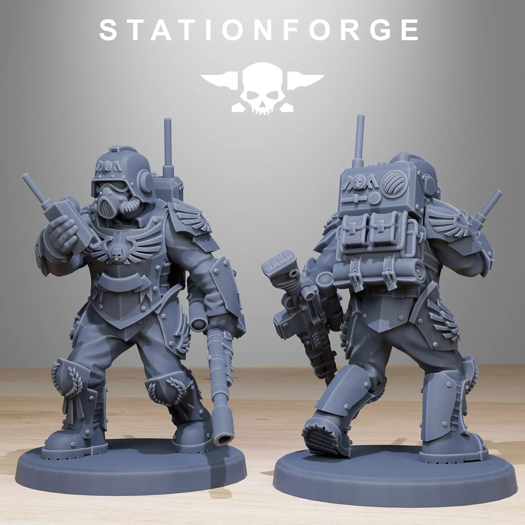 3D printed GrimGuard Elites model by StationForge Miniatures, detailed armored figures with intricate weapon and helmet designs.