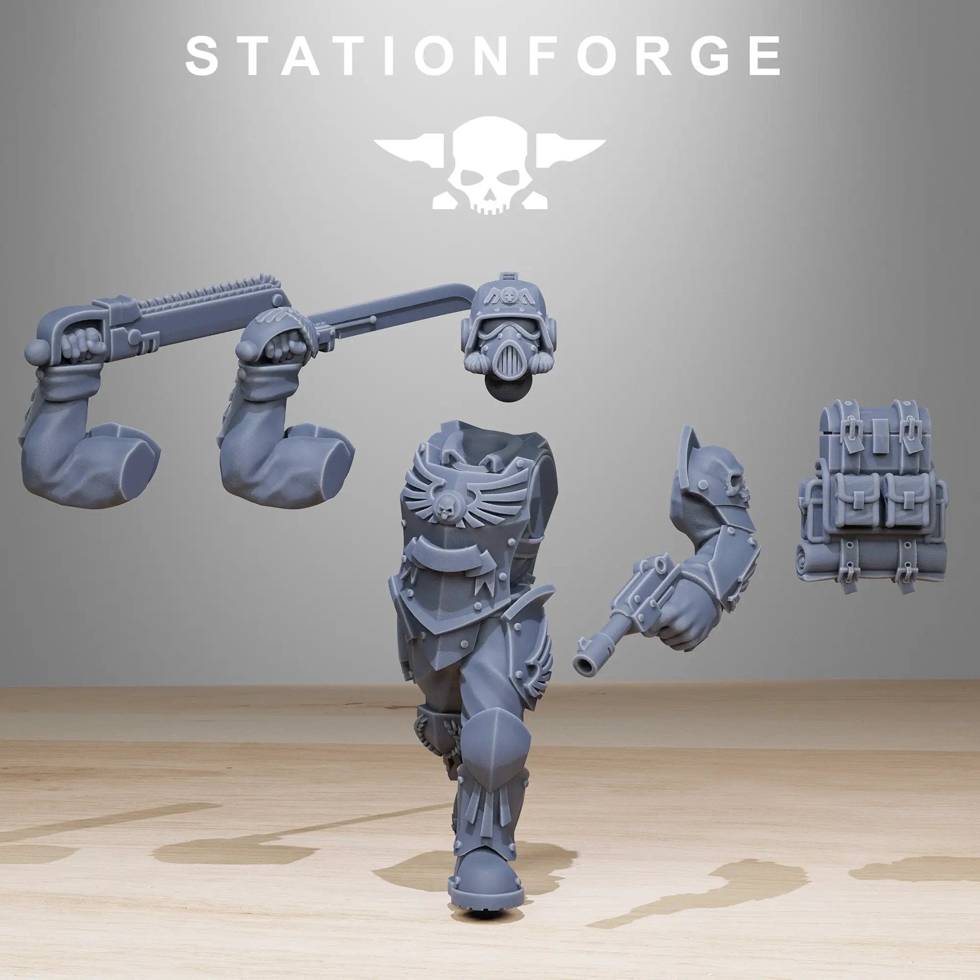 3D printed GrimGuard Elites model by StationForge Miniatures, detailed miniature figure with armor and weaponry, from Last Hope Miniatures.