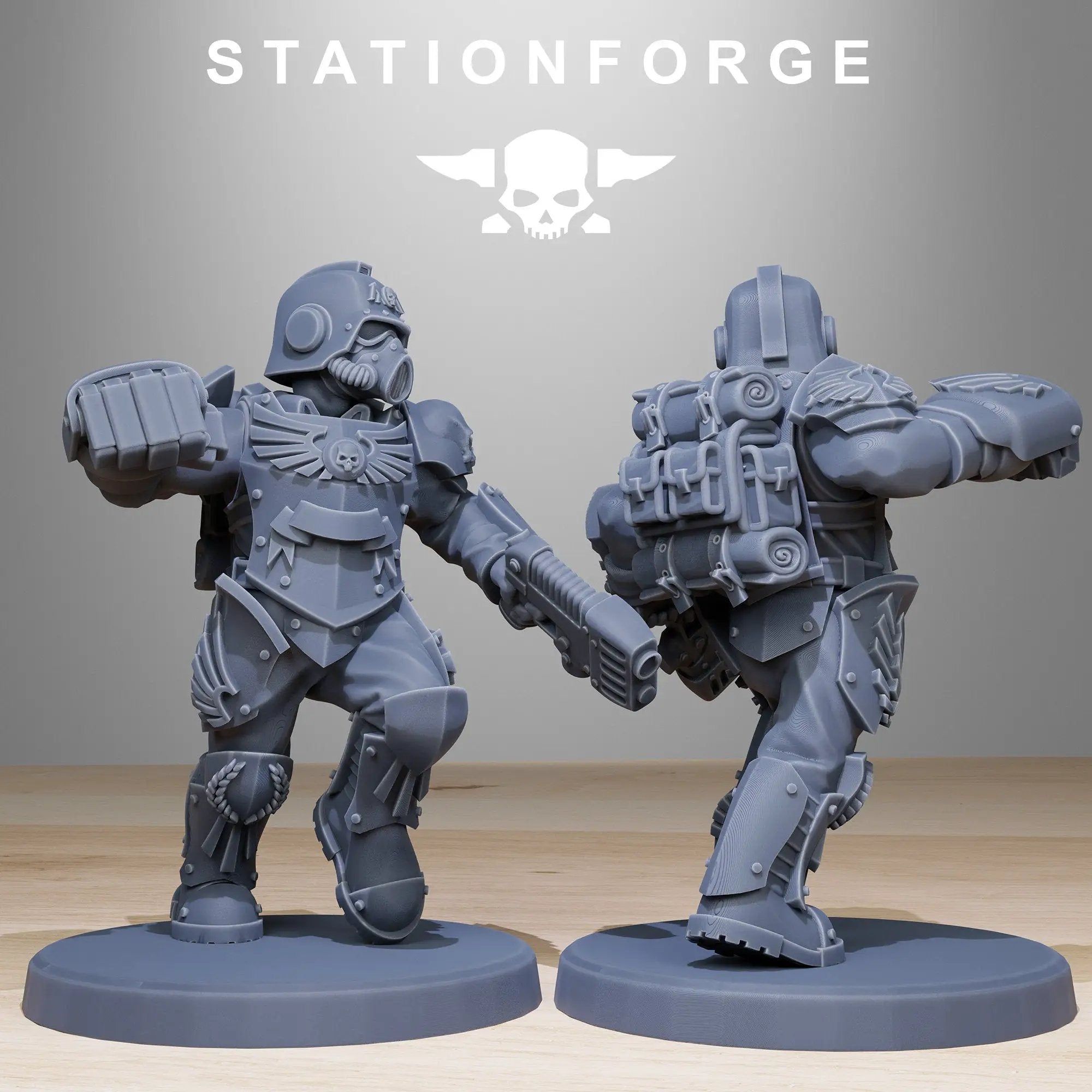 3D printed GrimGuard Elites model by Last Hope Miniatures for StationForge Miniatures, featuring detailed armor and weaponry.