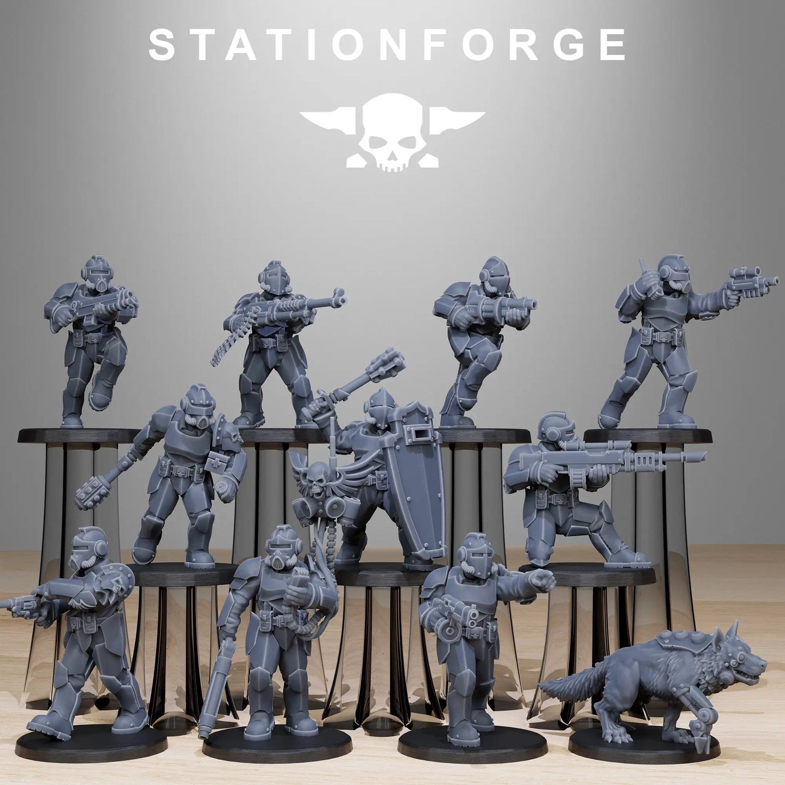 3D printed GrimGuard Enforcers model by Last Hope Miniatures, featuring detailed armored figures with futuristic design elements.