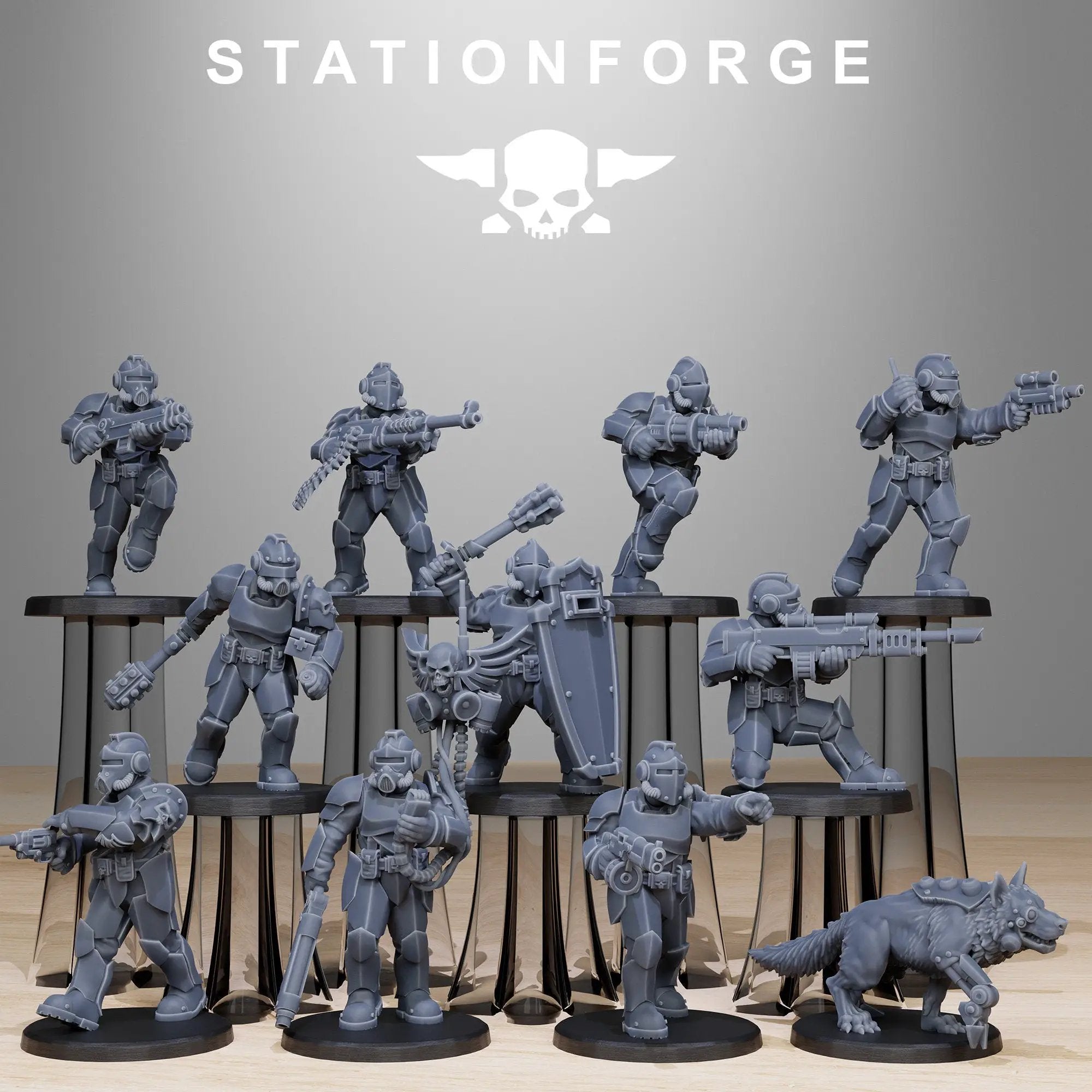 3D printed GrimGuard Enforcers model by Last Hope Miniatures, featuring detailed armored figures with futuristic design elements.