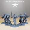 Five 3D printed GrimGuard Evaporator models by Last Hope Miniatures, designed for StationForge Miniatures tabletop gaming.