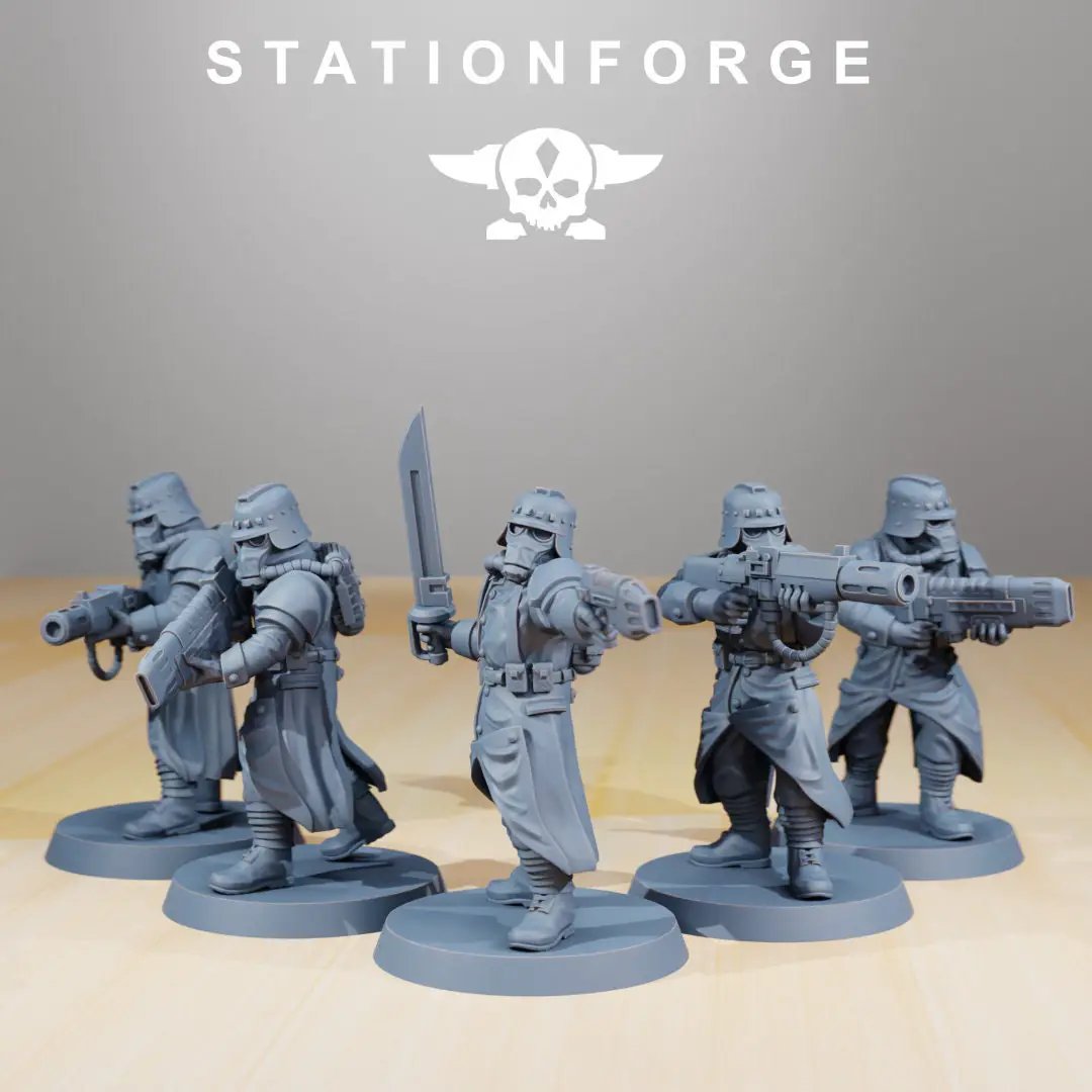 Five 3D printed GrimGuard Evaporator models by Last Hope Miniatures, designed for StationForge Miniatures tabletop gaming.