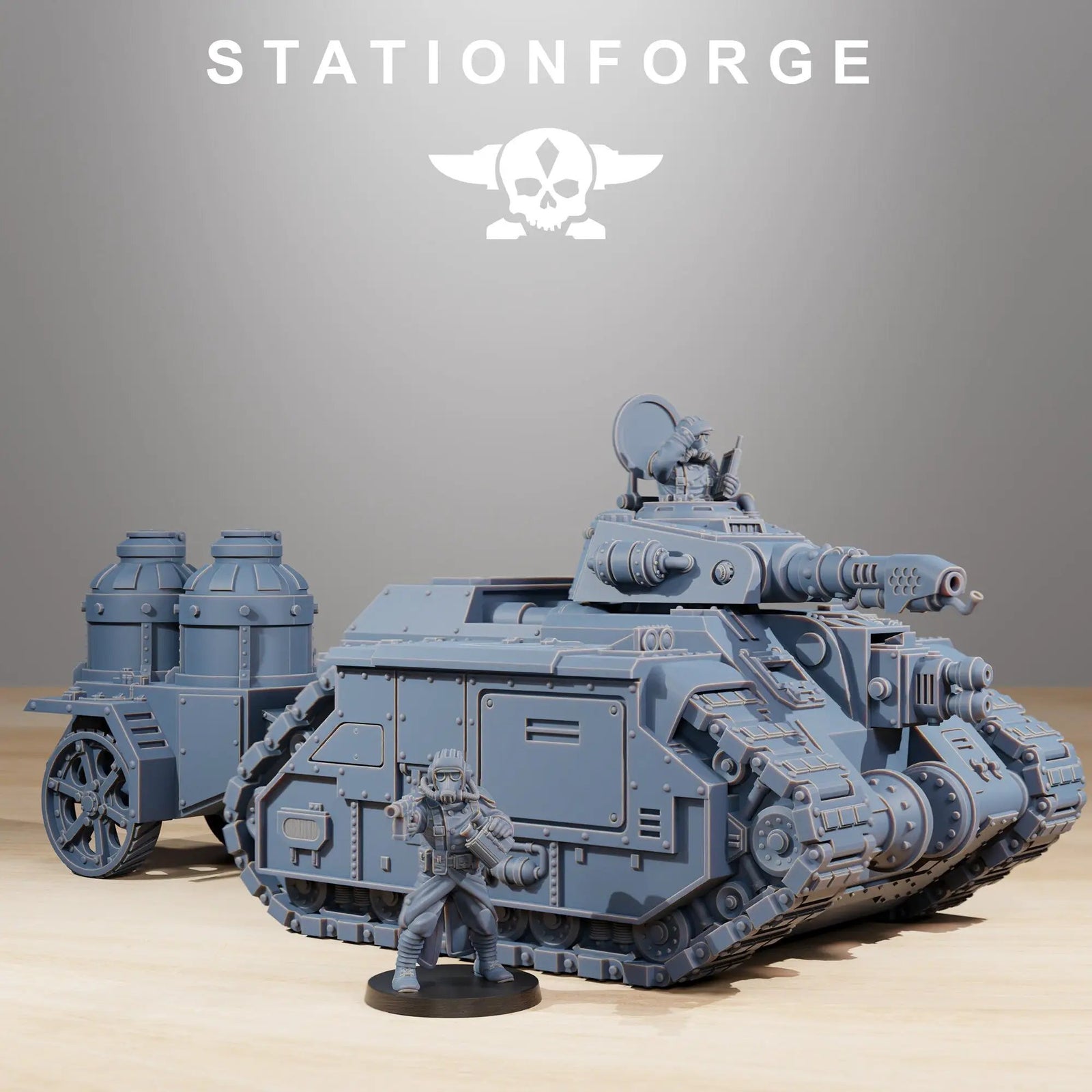 3D printed GrimGuard Flame Tank model by Last Hope Miniatures, featuring detailed armor and fiery weaponry, for tabletop gaming.
