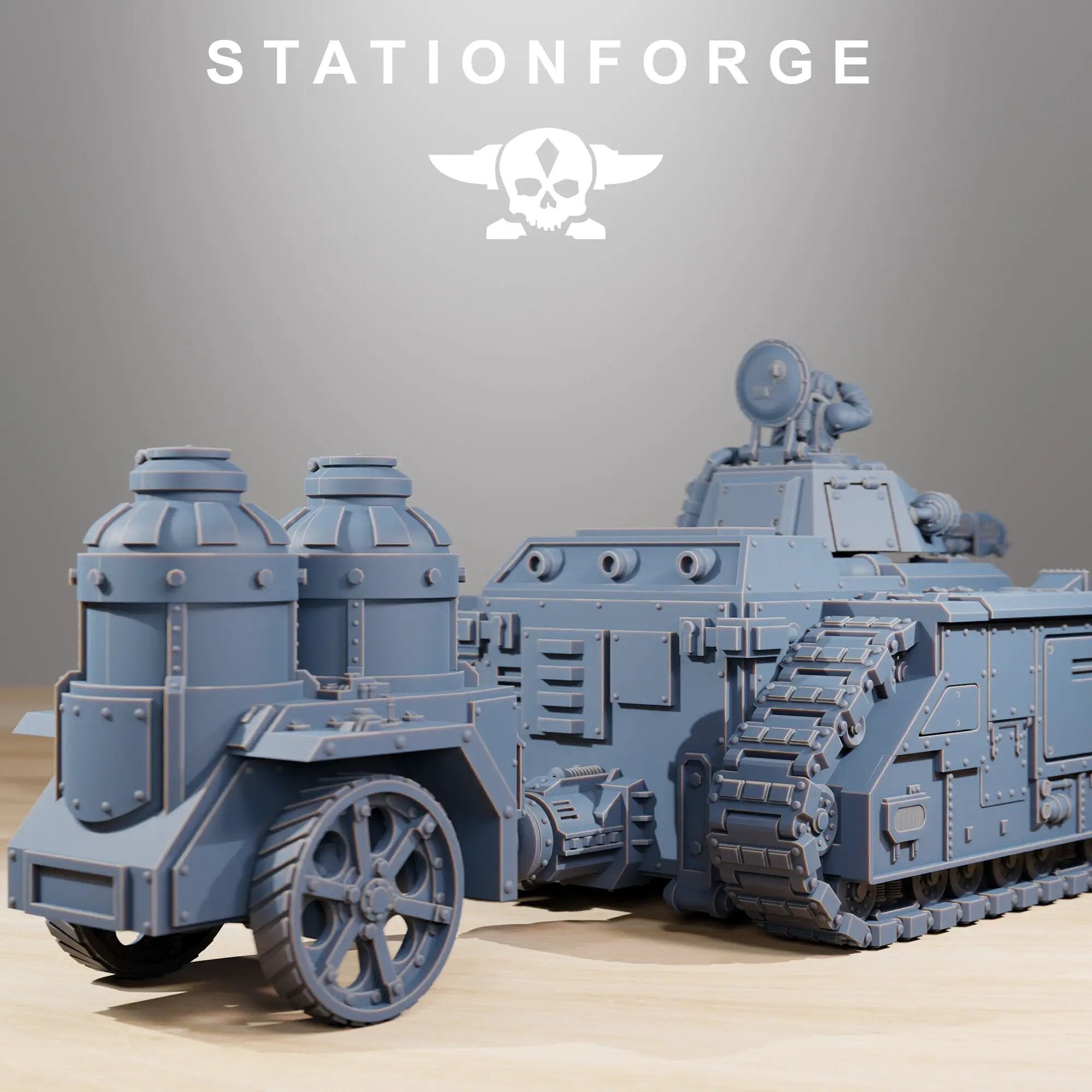 3D printed GrimGuard Flame Tank model by Last Hope Miniatures, featuring detailed flames and armored design from StationForge Miniatures.