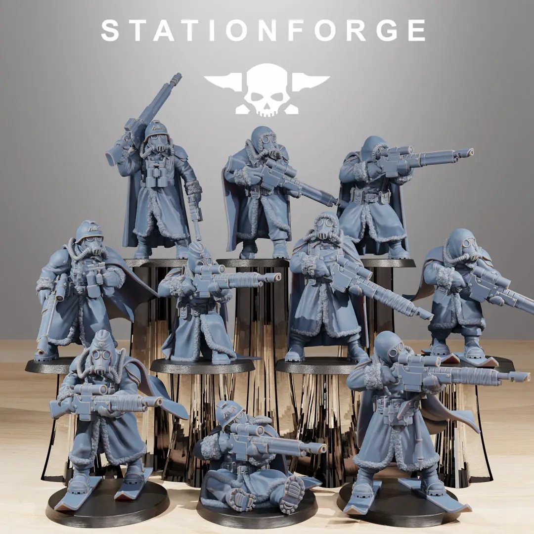 3D printed GrimGuard Frostwatch Marksmen model by StationForge Miniatures, showing detailed miniature with armor and weapons.