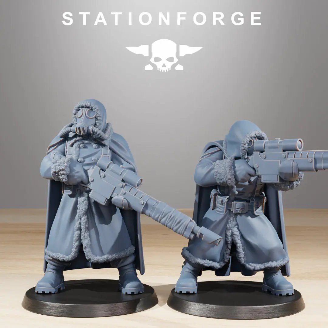 3D printed GrimGuard Frostwatch Marksmen model by Last Hope Miniatures, featuring detailed fantasy soldier with icy armor and weapons.