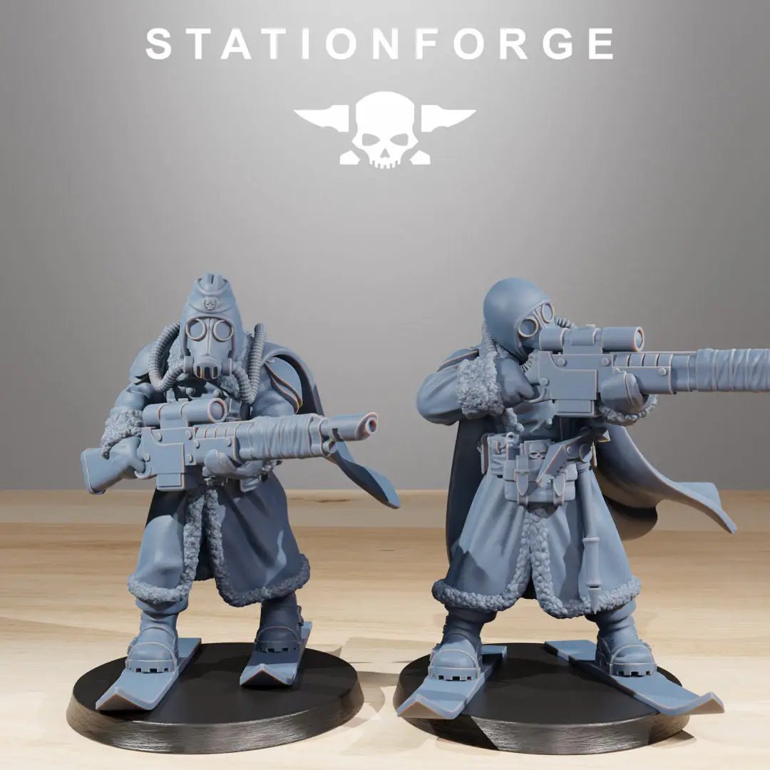 3D printed GrimGuard Frostwatch Marksmen model by StationForge Miniatures, featuring detailed armor and weaponry.