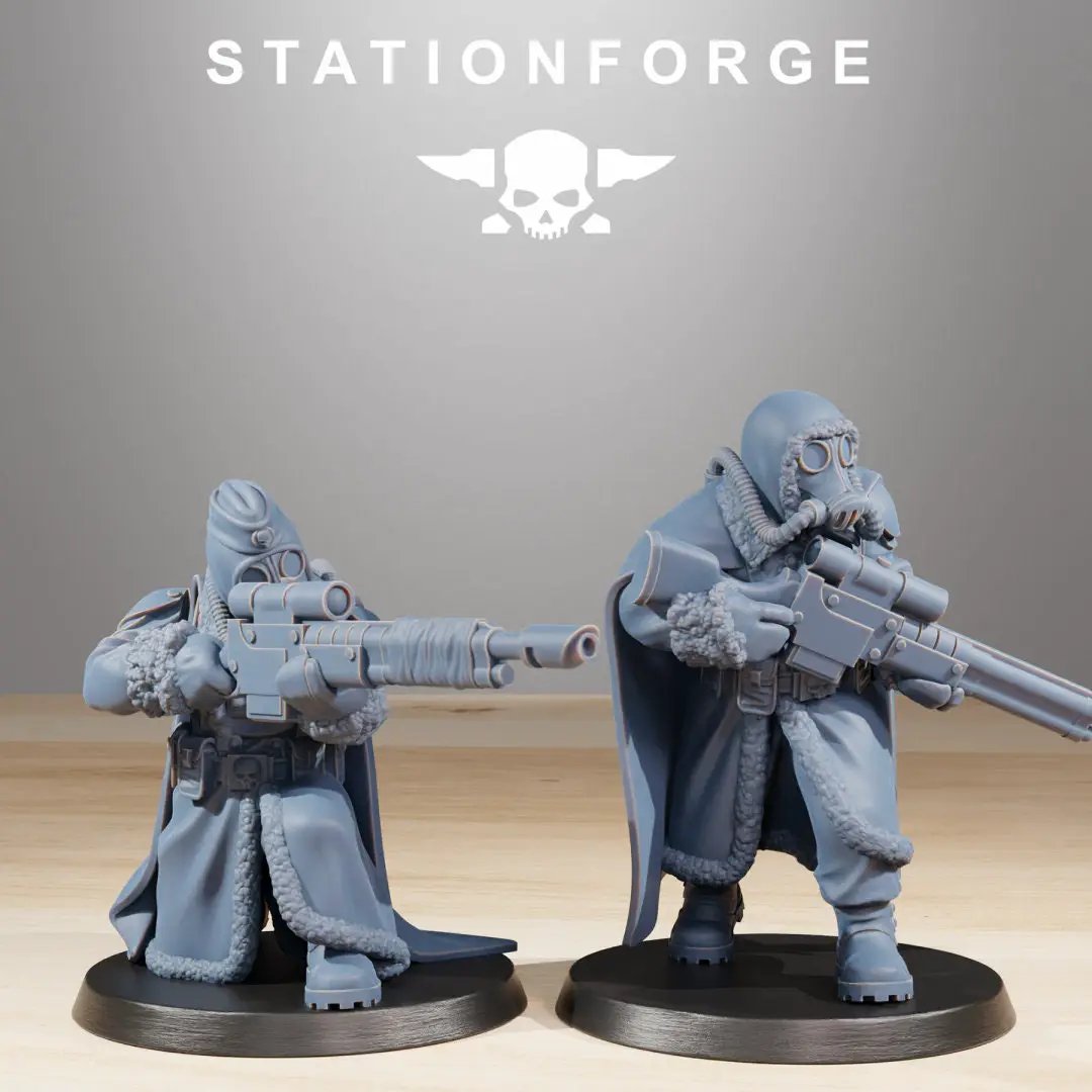 3D printed GrimGuard Frostwatch Marksmen model by Last Hope Miniatures, showing detailed figures in a frosty setting.
