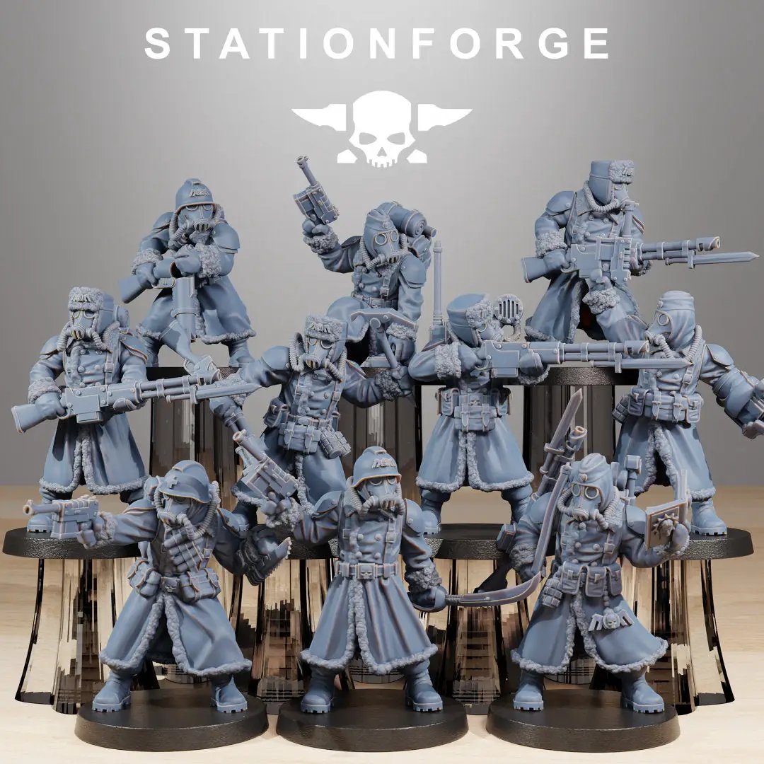 Three 3D printed GrimGuard Frostwatch models by StationForge Miniatures, detailed fantasy figures for tabletop gaming.