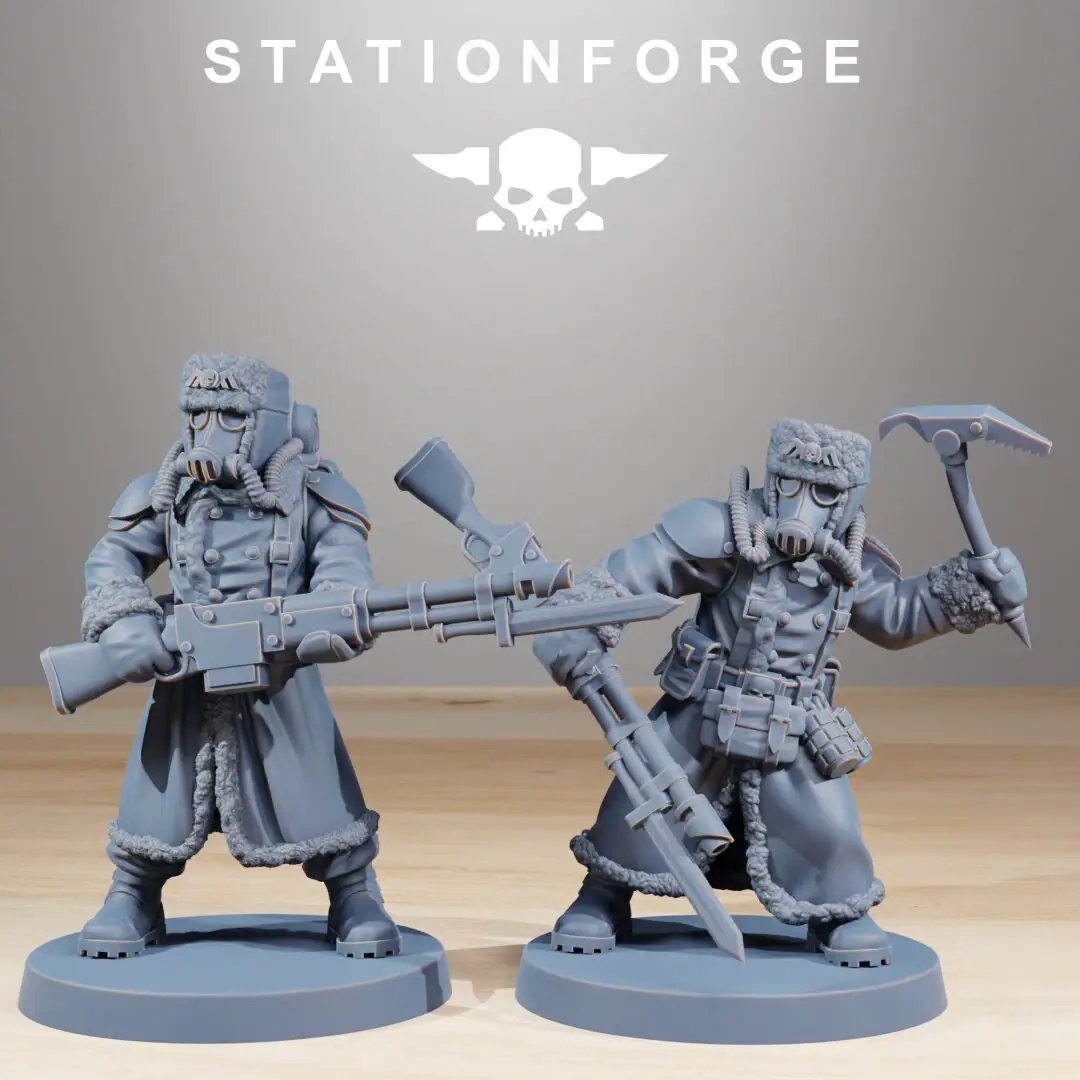 3D printed GrimGuard Frostwatch model by Last Hope Miniatures, featuring detailed figures in a frosty, battle-ready pose.