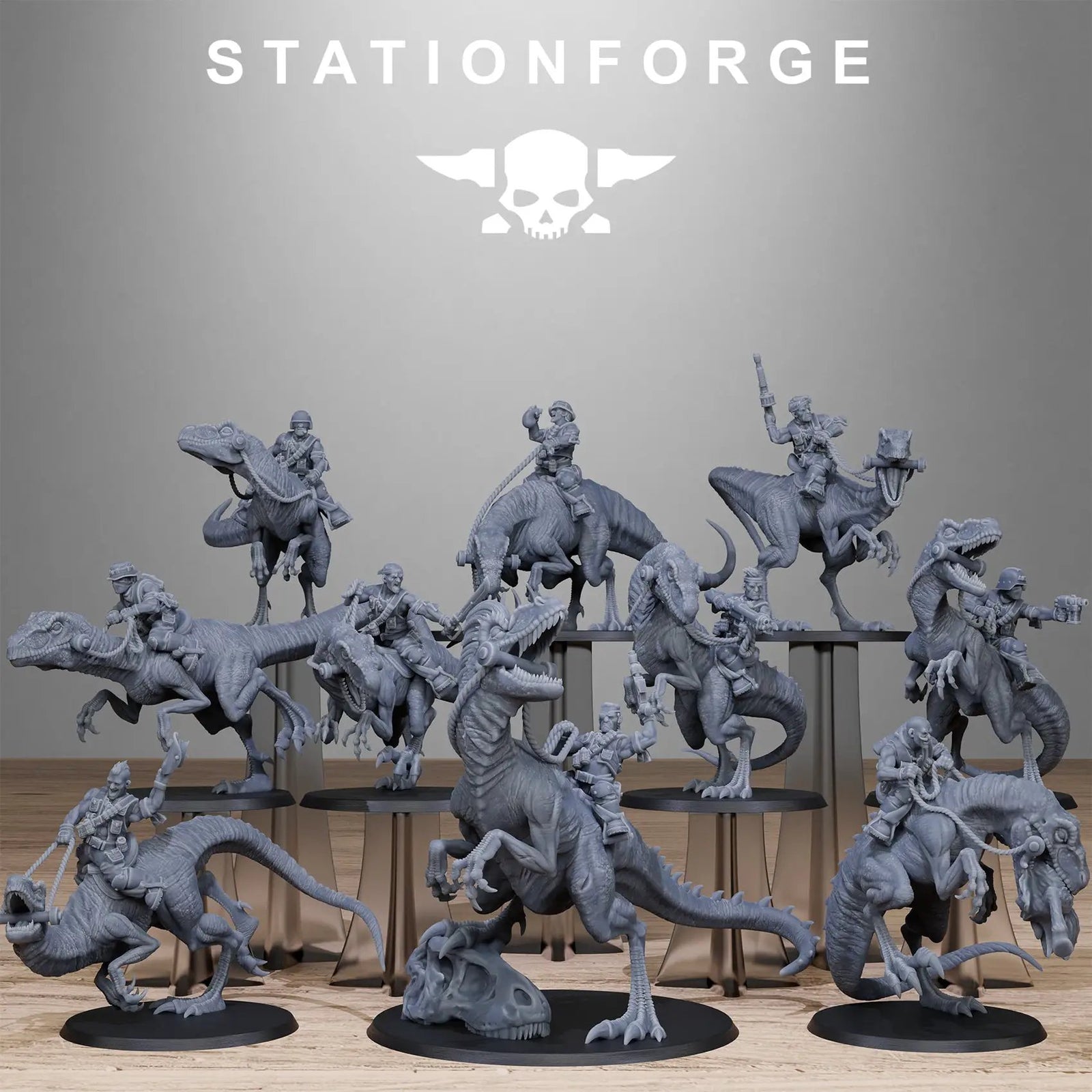 3D printed GrimGuard Jungle Raptors model by Last Hope Miniatures, featuring detailed dinosaur figures in a jungle setting.