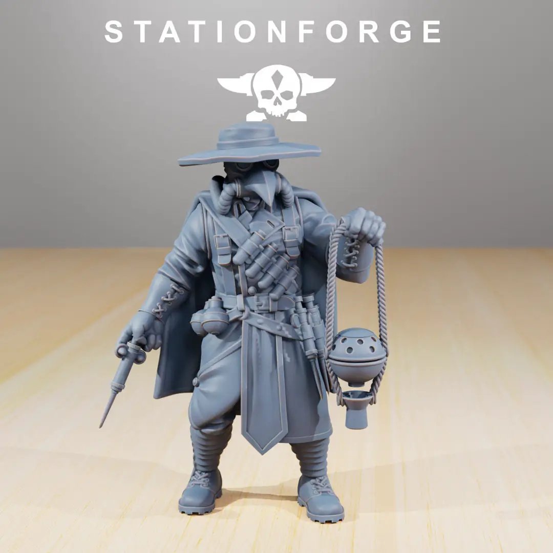 3D printed GrimGuard Plague Doctor model by Last Hope Miniatures, detailed miniature figure with plague doctor attire and mask.