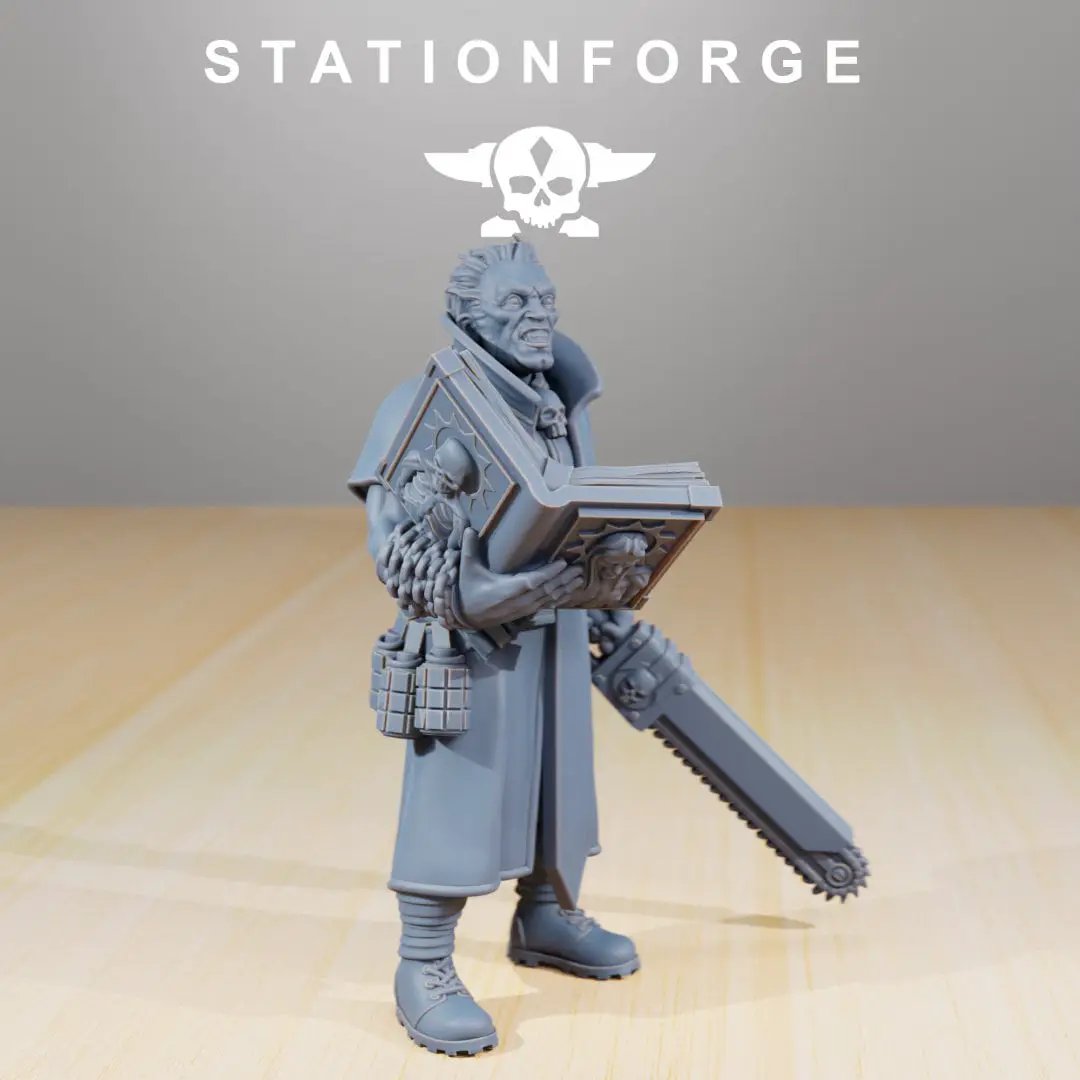 3D printed GrimGuard Priest model by StationForge Miniatures, detailed miniature figure for tabletop gaming.