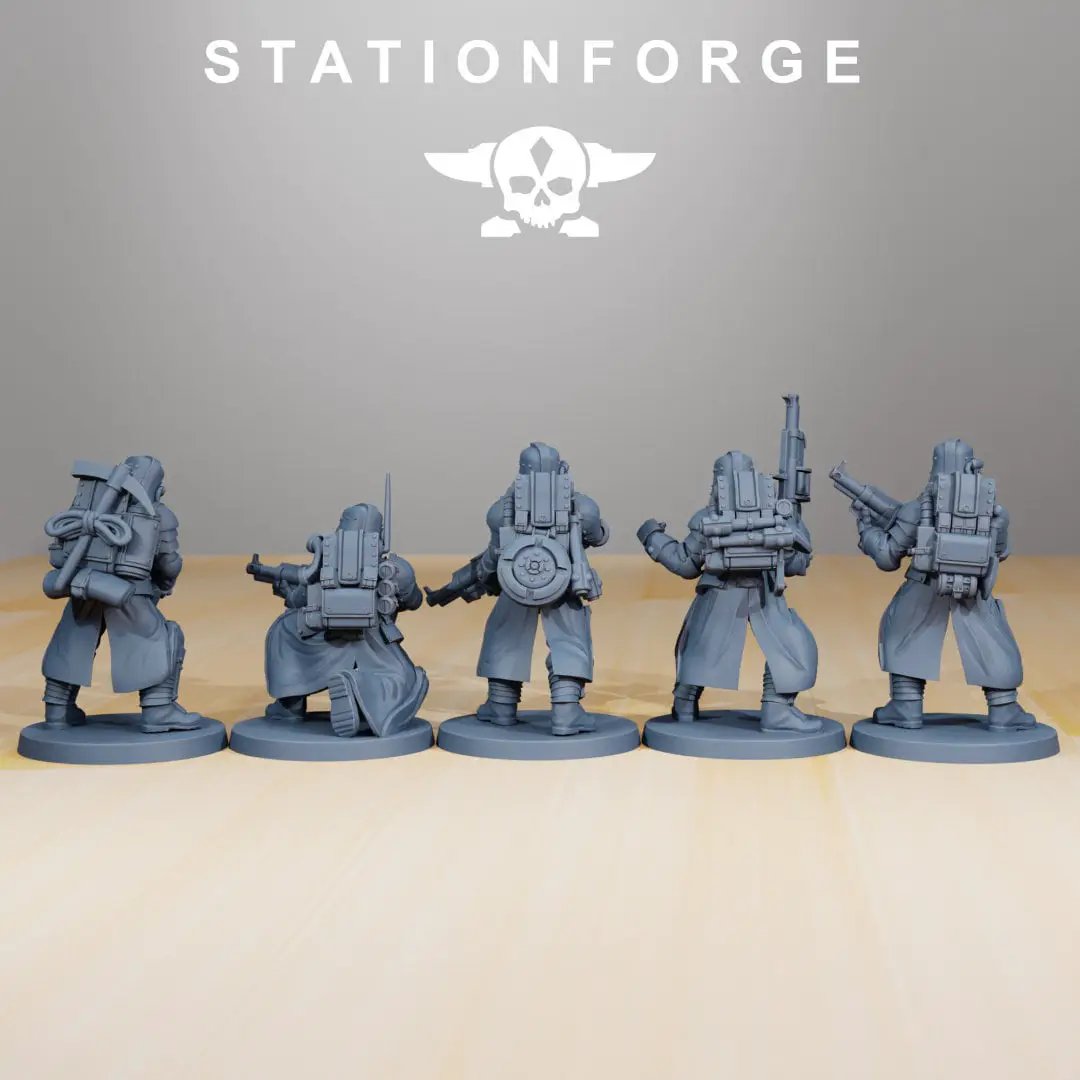 3D printed GrimGuard Tinkers miniatures set by StationForge Miniatures for Last Hope Miniatures, featuring five detailed model figures.