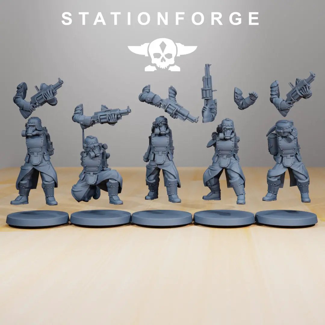 Three 3D printed GrimGuard Tinkers models by StationForge Miniatures, detailed miniature figures in a dark fantasy style.