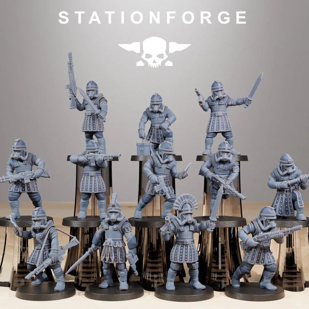 3D printed GrimGuard Vexillatio model by Last Hope Miniatures, StationForge Miniatures, showing detailed miniature figures in monochrome.