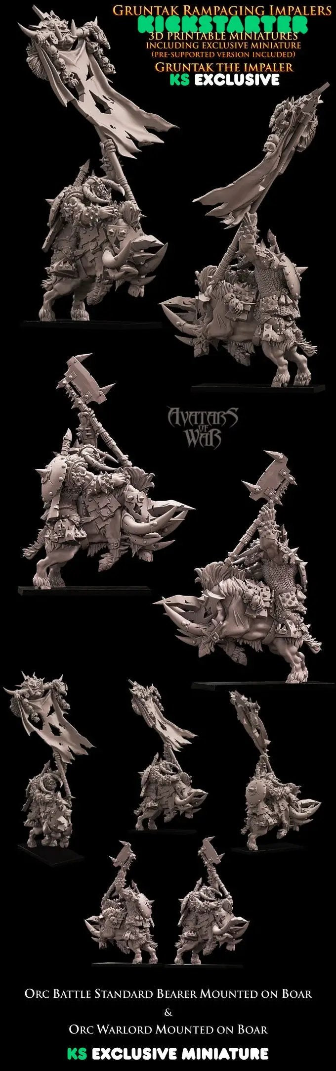 3D printed model of Gruntak the Impaler riding a Warboar by Last Hope Miniatures, detailed fantasy miniature for tabletop gaming.