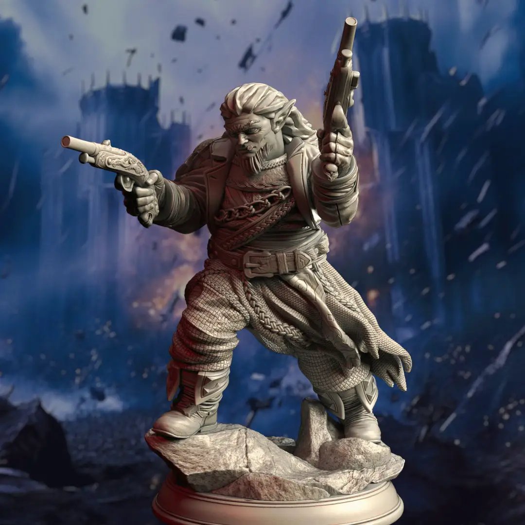 3D printed Hafling Gunslinger model by Last Hope Miniatures, featuring detailed miniature figure on a stand.